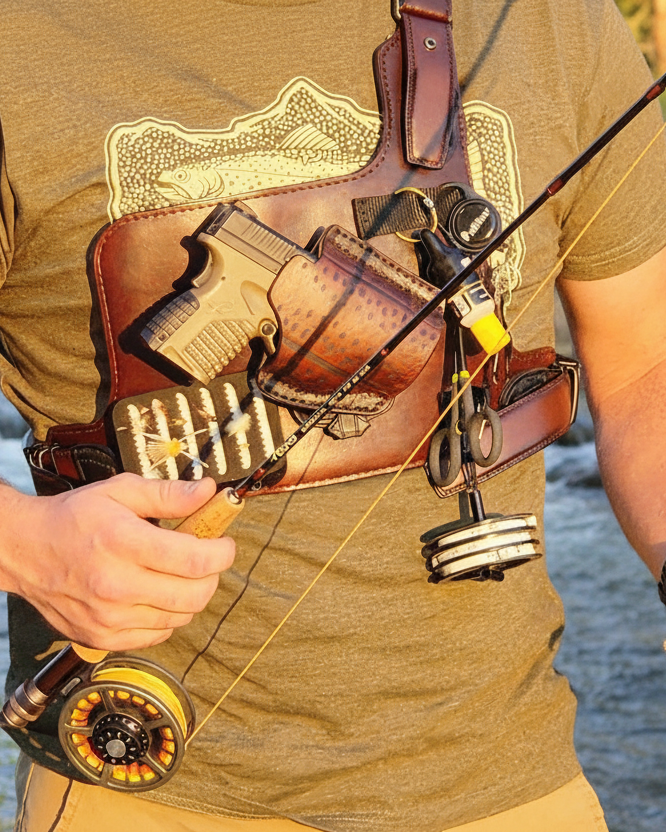 Person holding a fly fishing rod with a scenic background