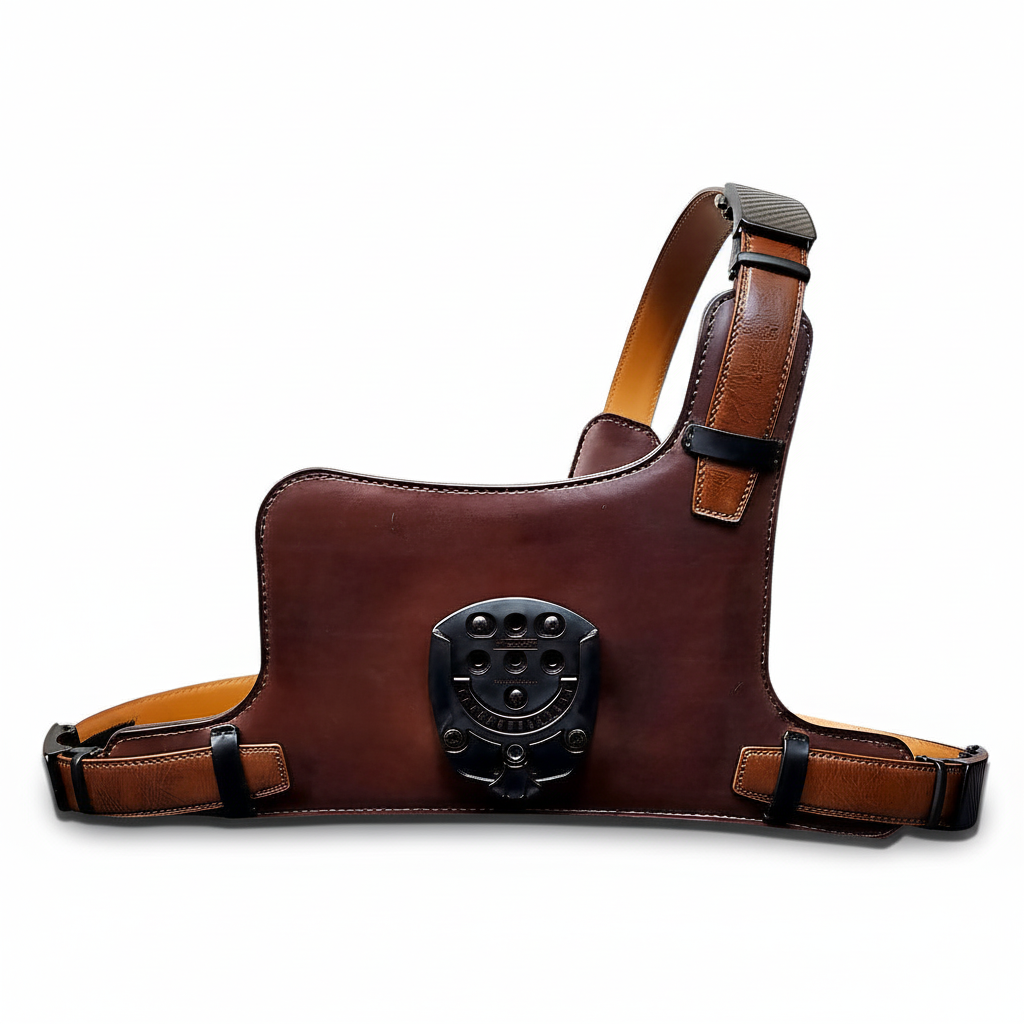 Brown leather chest holster with black modular plate on a white background