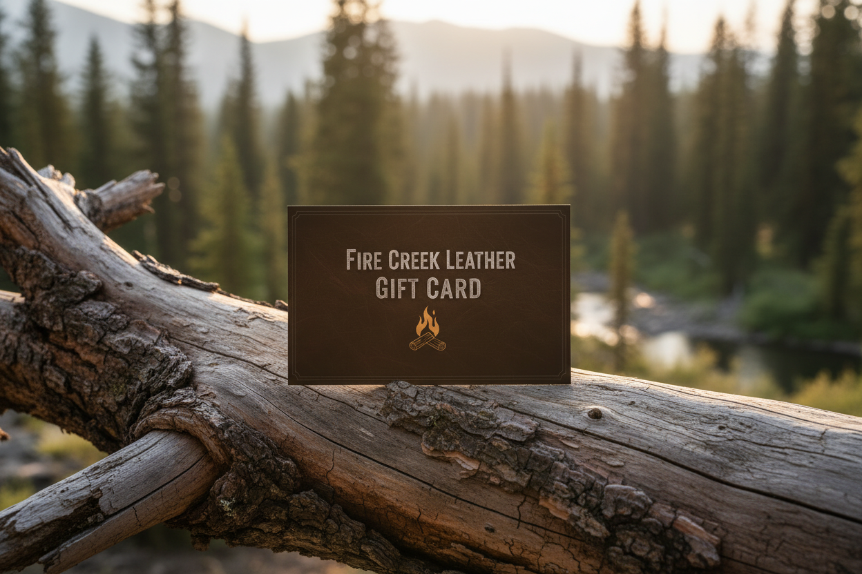 Fire Creek Leather gift card with a leather texture background
