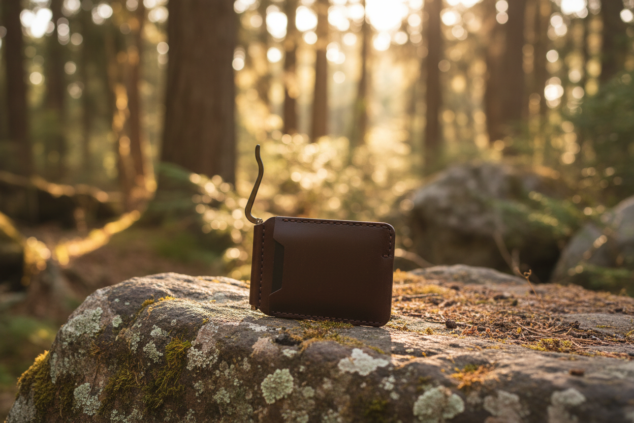 Smooth Leather Wallet on Rock in Woods