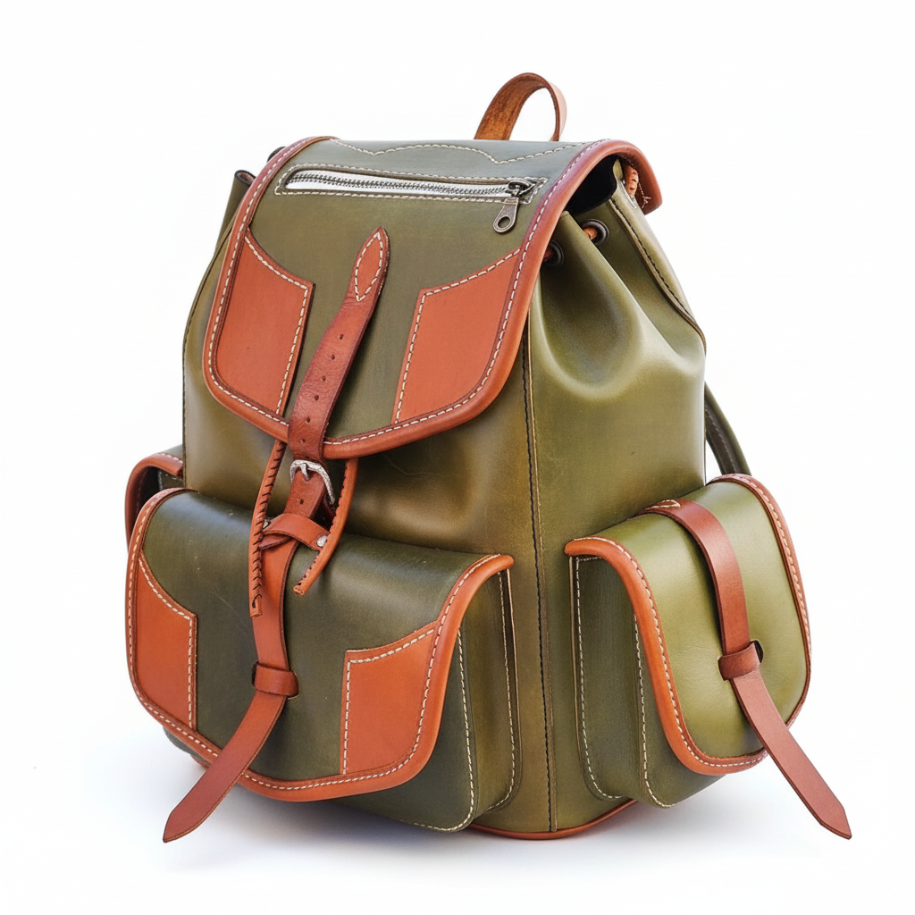 Handmade two-tone leather Nomad bag, a Bergen-inspired rucksack for outdoor and everyday use