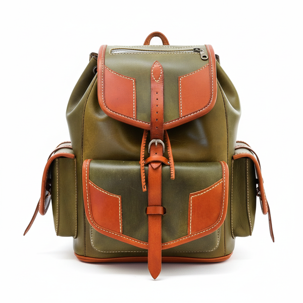 Handmade two-tone leather Nomad bag, a Bergen-inspired rucksack for outdoor and everyday use